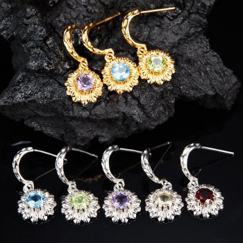 S925 Sterling Silver Stud Earrings Inlaid With Natural Topaz Garnet and Peridot Gemstones